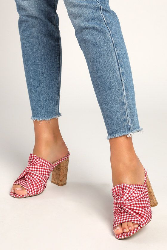 Alonisha Red and White Gingham Cork High Heel Mule Sandals | Lulus (US)