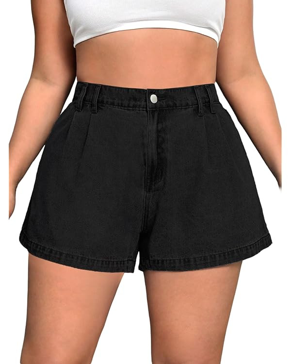 WDIRARA Women's Plus Size High Waist Pleated Wide Leg Jeans Denim Shorts with Pockets | Amazon (US)