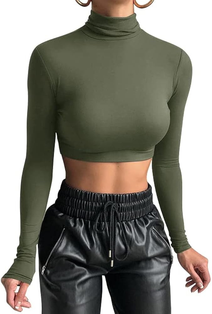 GEMBERA Women's Long Sleeve Turtleneck Crop Tops Fitted Basic T Shirt Top | Amazon (US)
