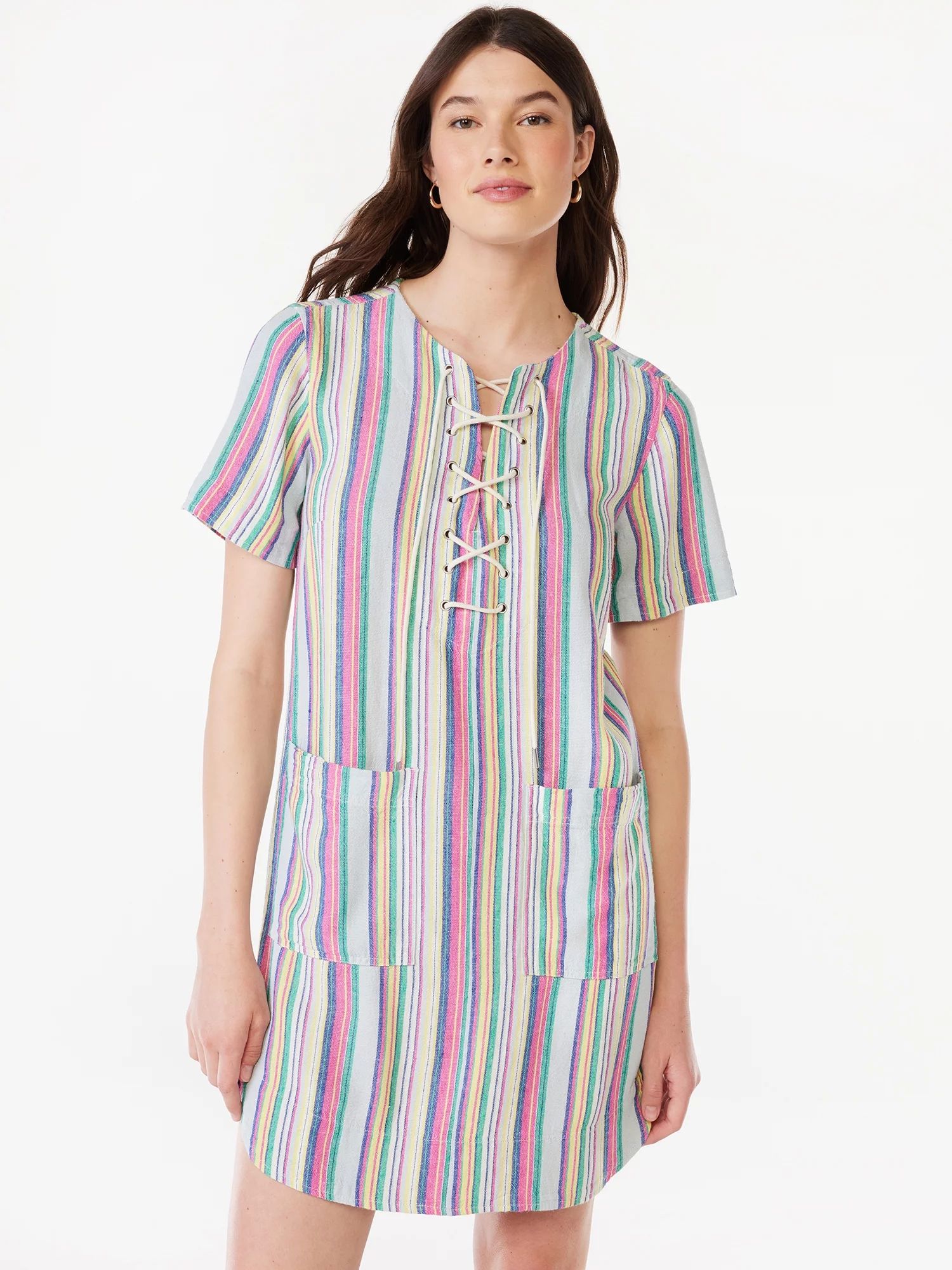 Free Assembly Women's Lace Up Mini Shift Dress with Short Sleeves, Sizes XS-XXXL | Walmart (US)