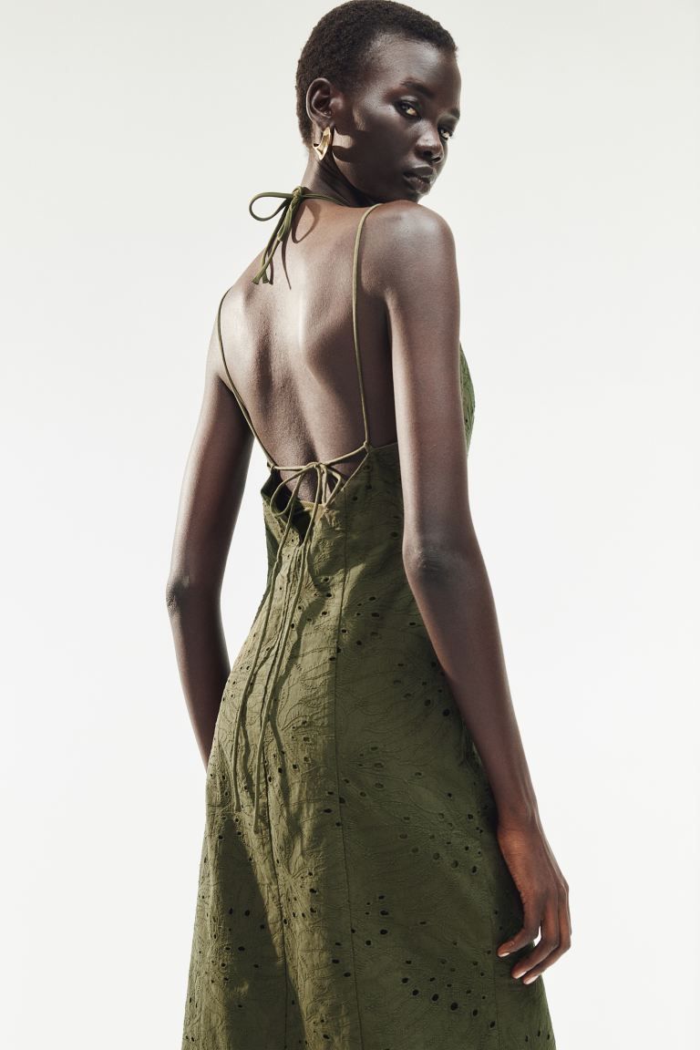 Button-front Eyelet Embroidery Dress - V-neck - Sleeveless - Dark khaki green - Ladies | H&M US | H&M (US + CA)