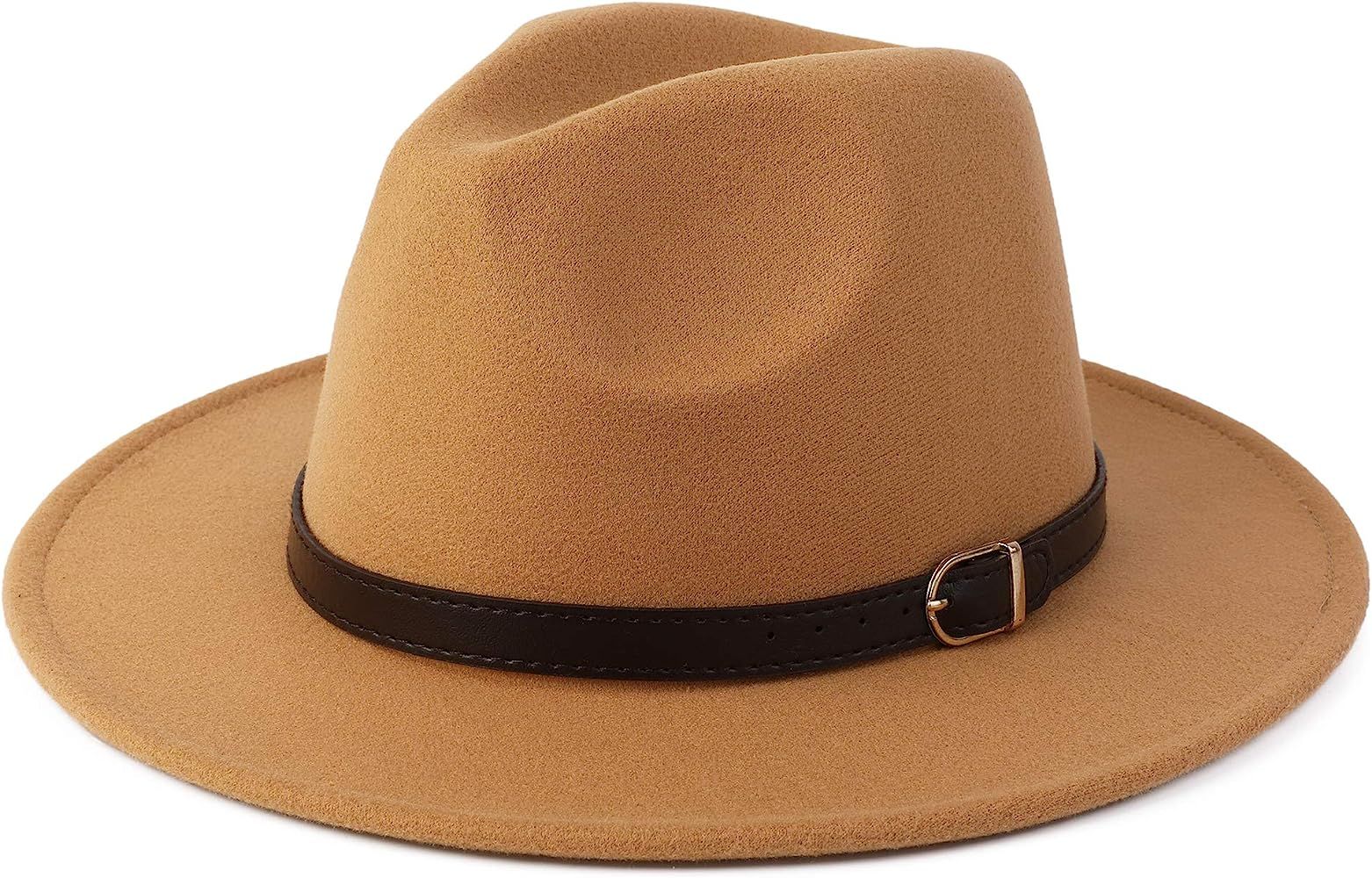 Besoogii Classic Wide Brim Women Men Fedora Hat with Belt Buckle Felt Panama Hat | Amazon (US)