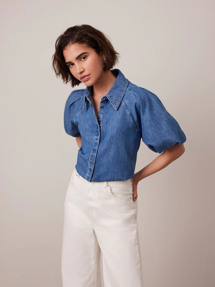 Mint Velvet Blue 100% Cotton Denim Puff Sleeve Shirt | Next AU