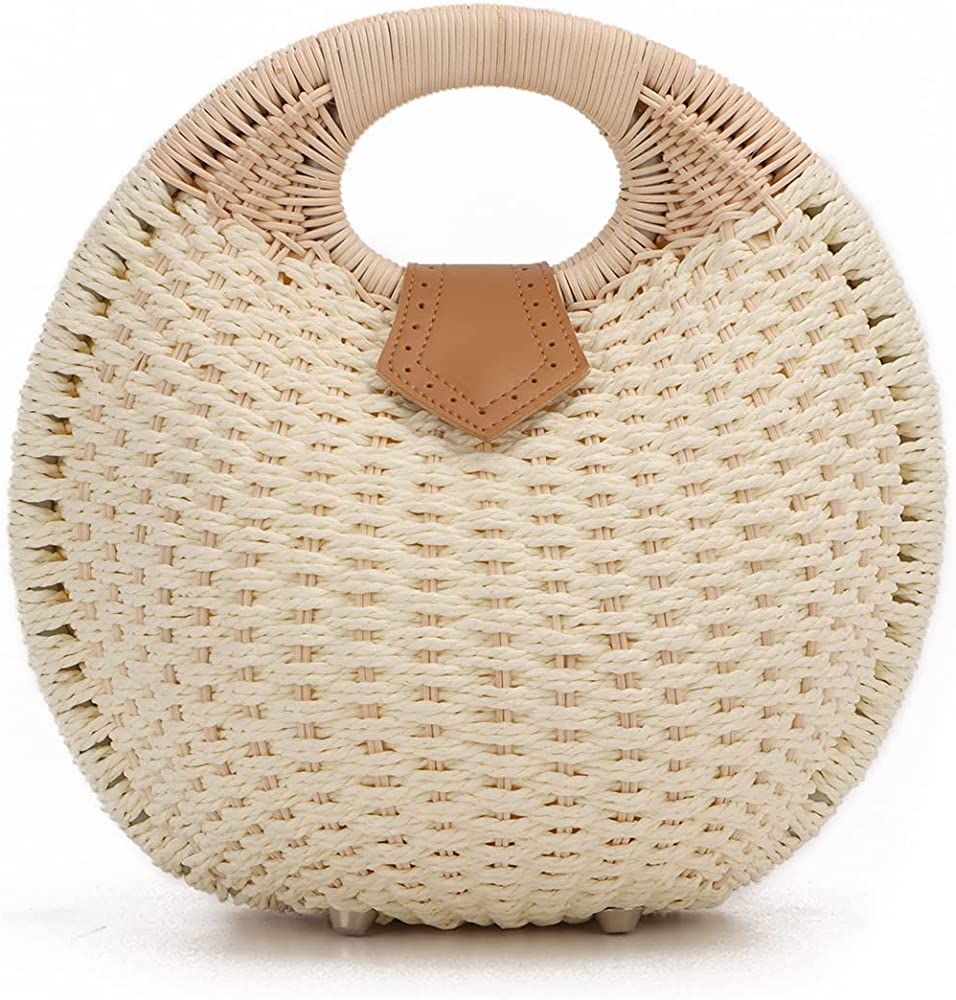 Ynport Straw Purses for Women Summer Beach Rattan Tote Bag Round Handle Ring Handbag Retro Handmade  | Amazon (US)