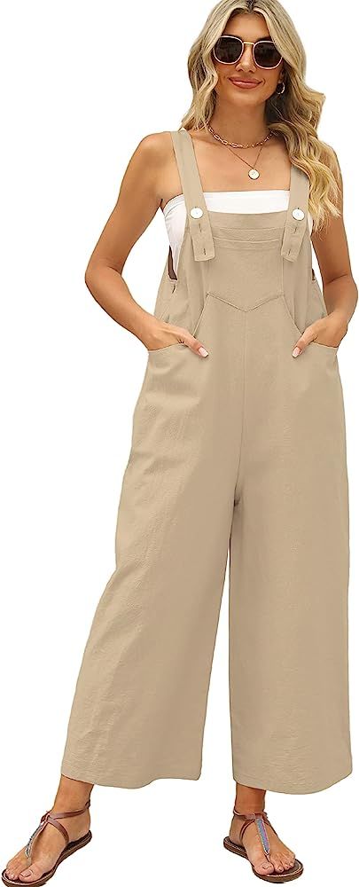 Daacee Womens Loose Linen Bib Overalls Comfy Sleeveless Adjustable Straps Wide Leg Jumpsuit with ... | Amazon (US)