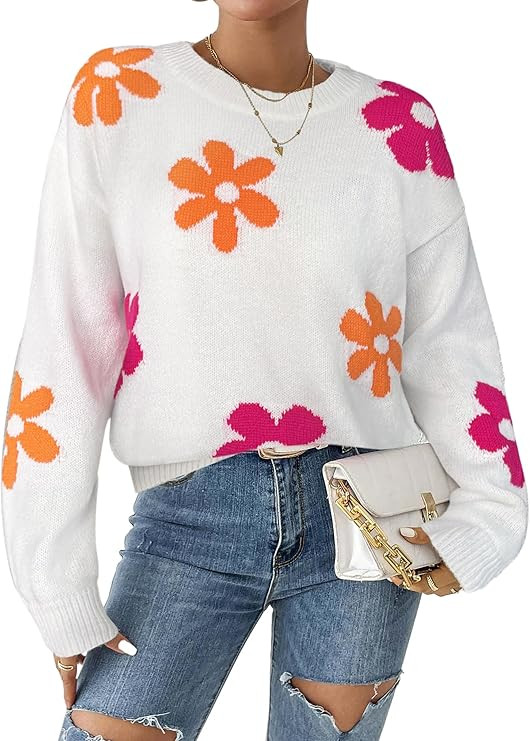 Womens Oversized Cute Flower Sweater Valentine Day 2026 Trendy Vintage Floral Knit Crewneck Pullo... | Amazon (US)