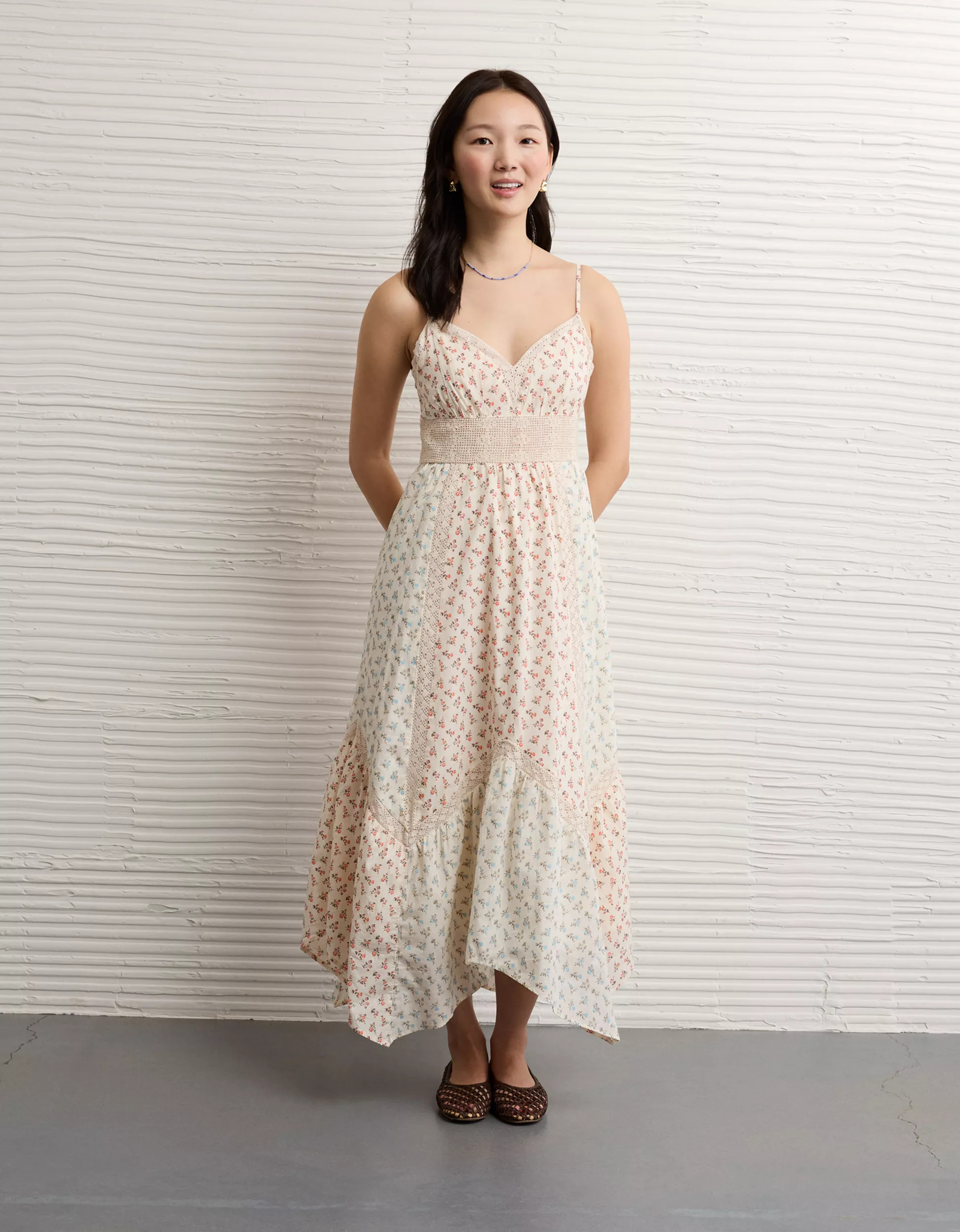 AE V-Neck Lace Inset Hanky Hem Midi Dress | American Eagle Outfitters (US & CA)