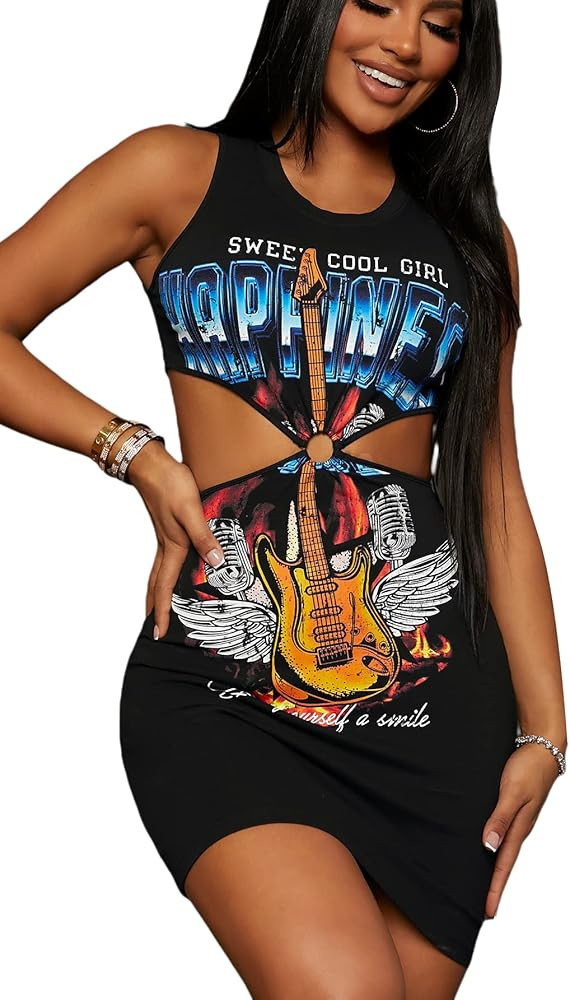 SOLY HUX Women's Graphic Letter Print Sleeveless Cut Out Mini Bodycon Dress | Amazon (US)