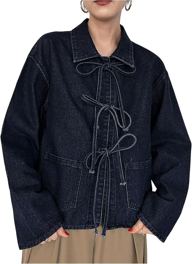 OYOANGLE Women's Bow Tie Front Denim Jacket Long Sleeve Collared Jean Jackets with Pockets Trendy... | Amazon (US)