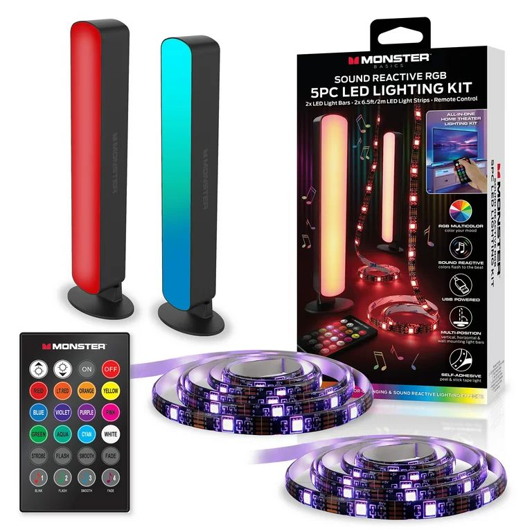 Monster LED 5 Piece  Sound Reactive Multi-color Indoor LED Light Kit, 2 Light bars, 2 Light Strip... | Walmart (US)