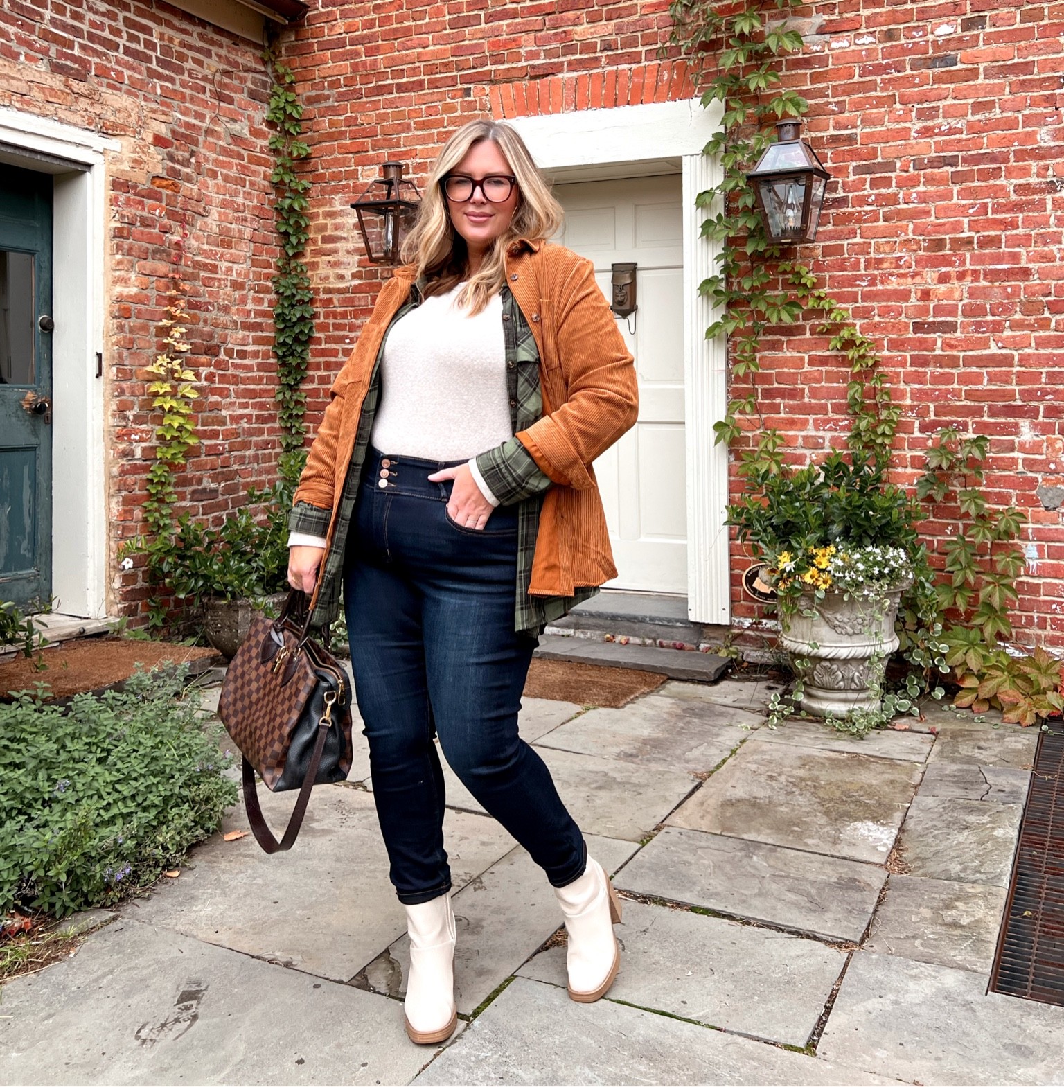 Fall outfit idea with shacket layers, cream bodysuit and cream boots! Love the skinny jeans styled this way! 

Ashley Dorough is wearing a size 18 in the jeans, 2x bodysuit, 3x green plaid, and size B corduroy shacket. Glasses are a fave!!!

#LTKunder50 #LTKSeasonal #LTKcurves