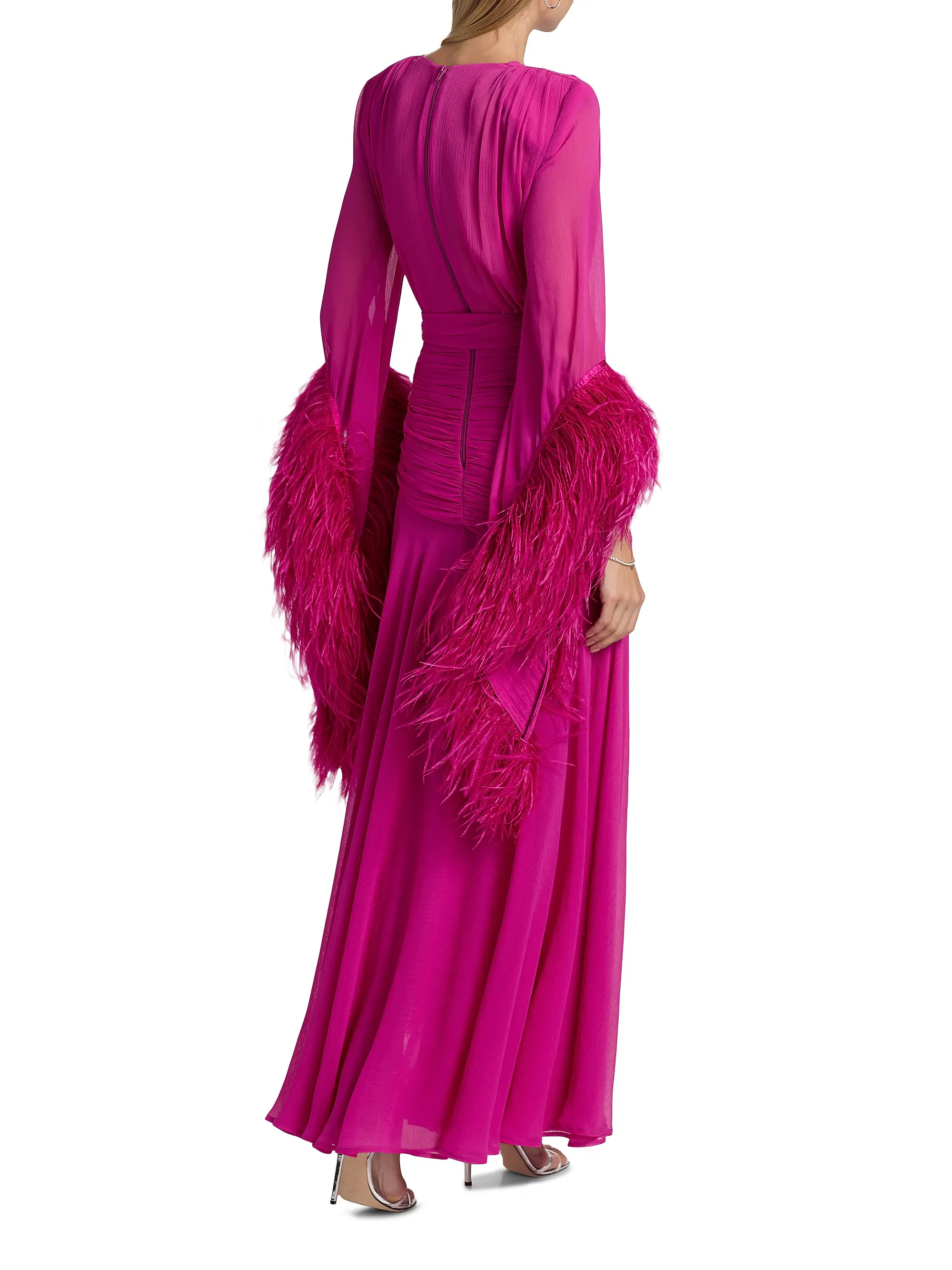 Bronx Banco Geisha Feather-Trim Chiffon Gown | Saks Fifth Avenue | Saks Fifth Avenue