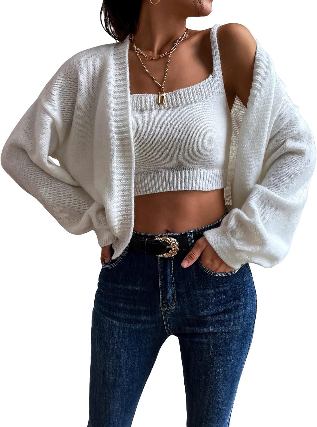 GORGLITTER Women's 2 Piece Knit Crop Cardigan Sweater Set Drop Shoulder Open Front Outwear and Ca... | Amazon (US)