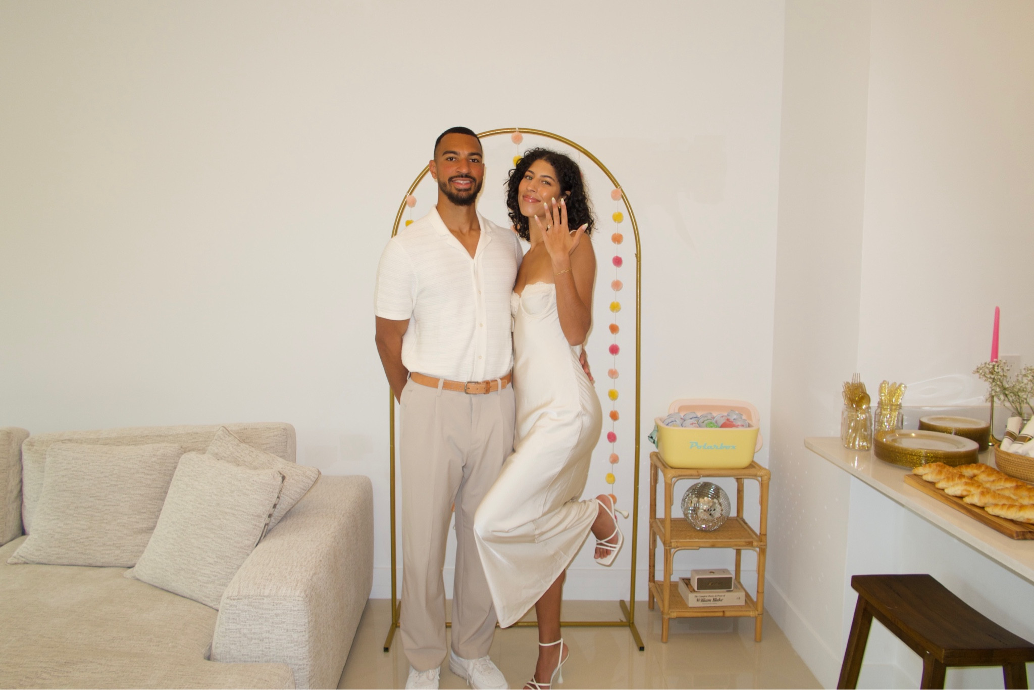 engagement party outfits 🍋🍊
Me:
White midi dress: beginning boutique 
white heels: zara 

Drake:
white button down: abercrombie
Neutral trousers: h&m
Sneakers: white and cream air forces 