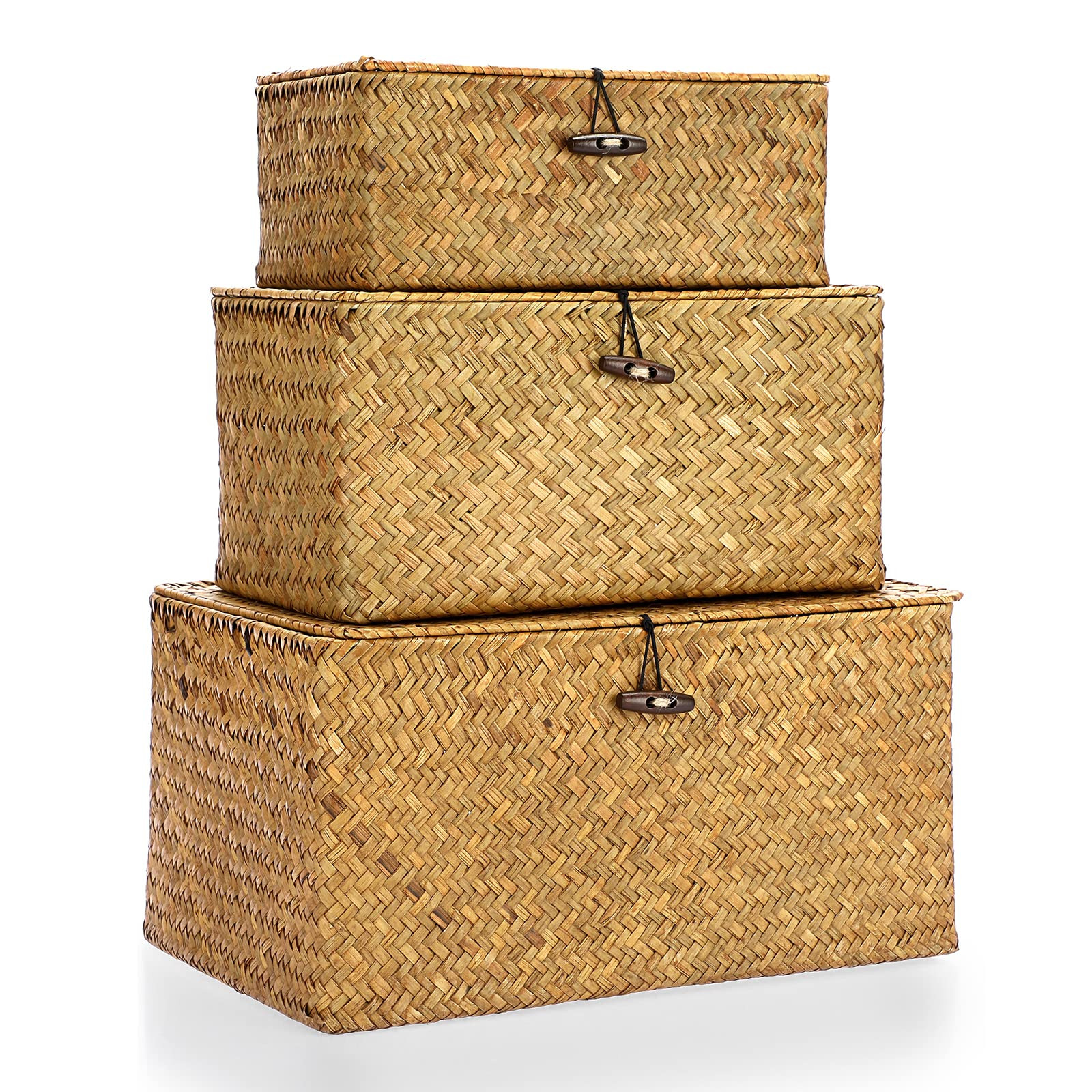 Hipiwe Set of 3 Wicker Storage Basket Bin with Lid - Large Handwoven Natural Seagrass Storage Bin... | Amazon (US)
