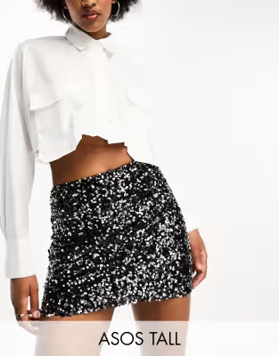 ASOS DESIGN Tall sequin mini skirt in black | ASOS (Global)