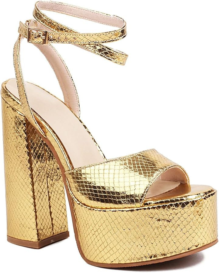 Metallic Platform Chunky Heels Peep Toe Heeled Sandals High Block Heel Ankle Strap Pumps Dress We... | Amazon (US)