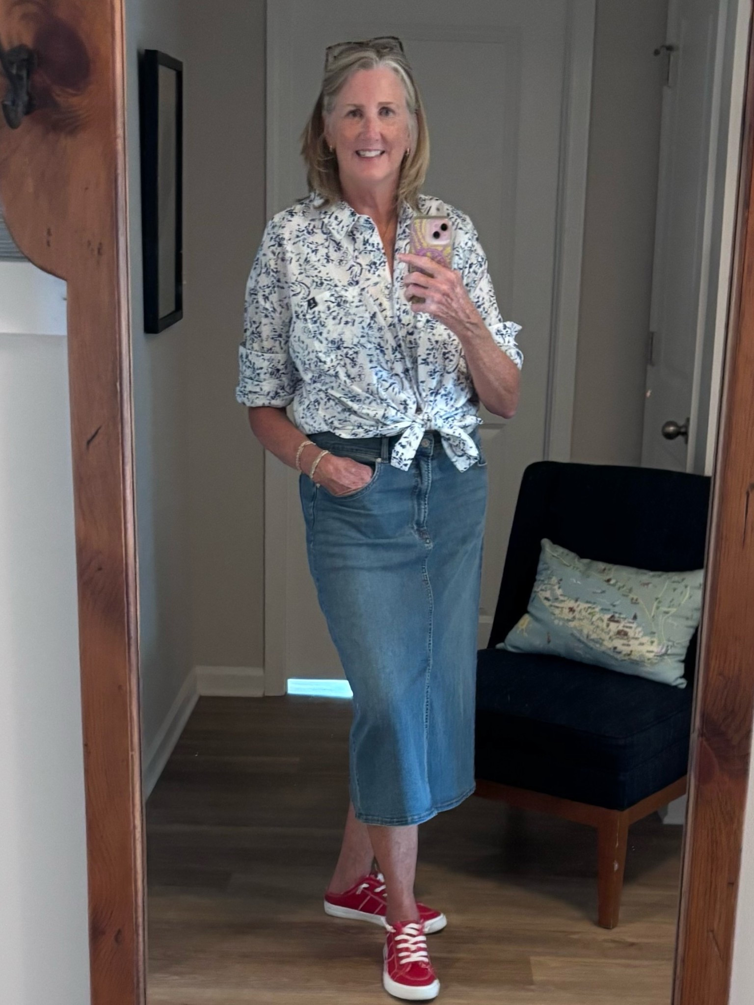 A comfy Jean skirt at a great price! I went up 2 sizes so I could wear on my hips. This button down can be worn so many ways!

#LTKootd #LTKOver40 #LTKTall