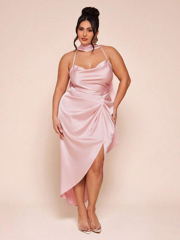 SHEIN BAE Plus Size Solid Color Halter Draped Asymmetric Hem Sleeveless Dress, Elegant Dresses For Party, Long Party Dresses, Pink Halter Neck Suspender Dress | SHEIN