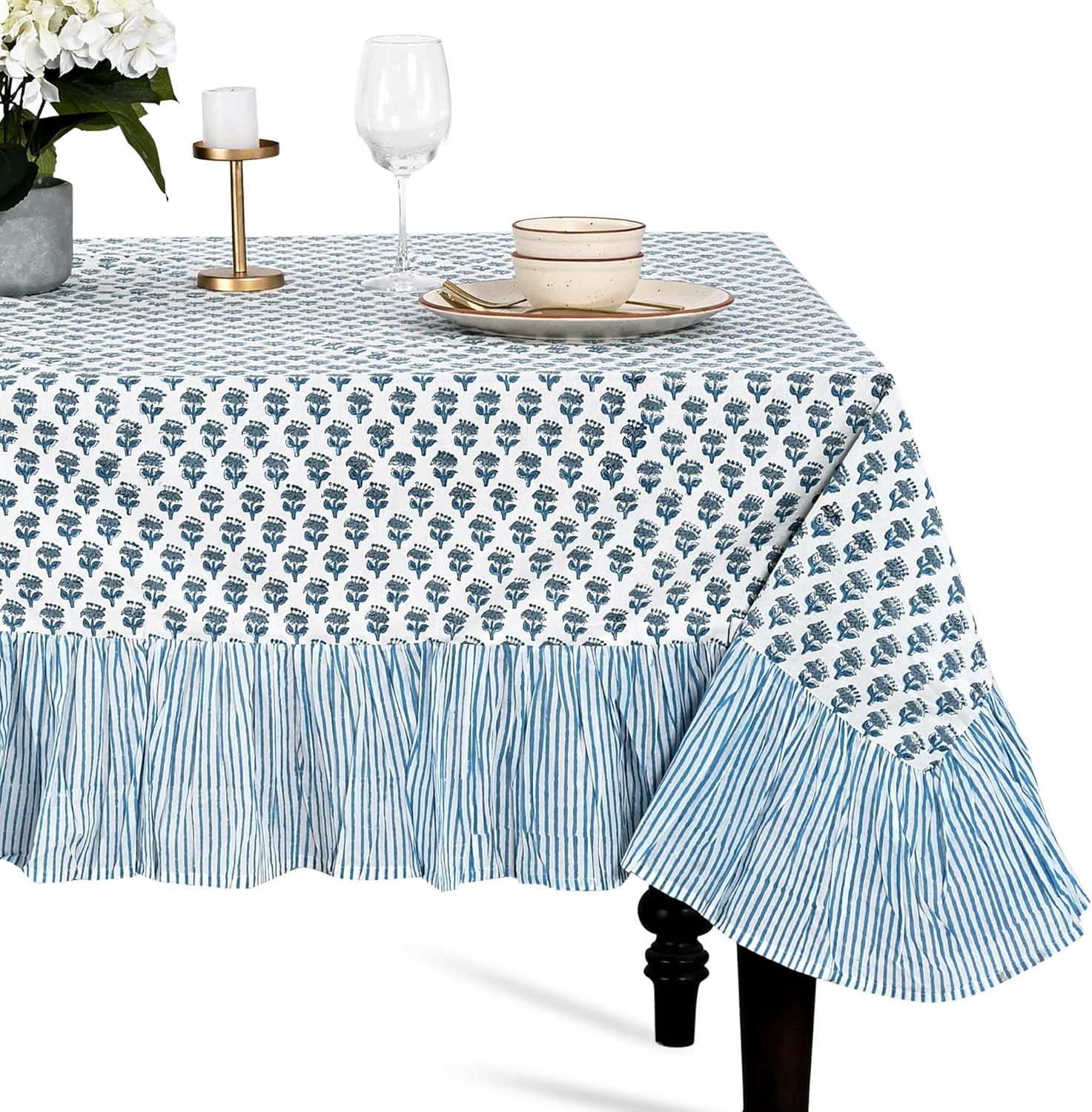 CPC Apatite Blue Block Print Ruffle Square Tablecloth 60x60 Inch | Amazon (US)