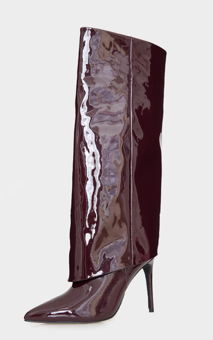 Burgundy Patent PU Wide Fit Point Toe Fold Over High Heel Knee High Boots | PrettyLittleThing US
