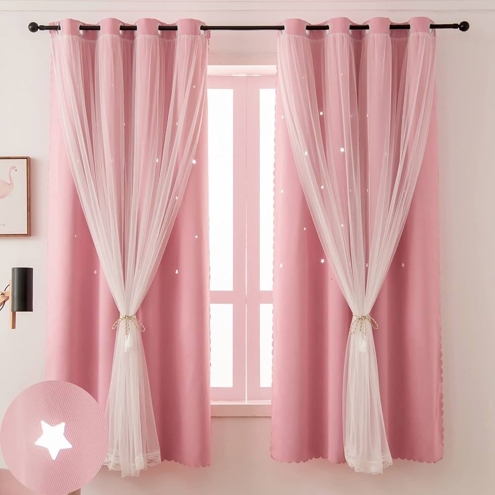 Pink Curtains for Girls Bedroom 2 Panels Cutout Blackout Curtains 63 Inch Length Kids Curtains & ... | Amazon (US)