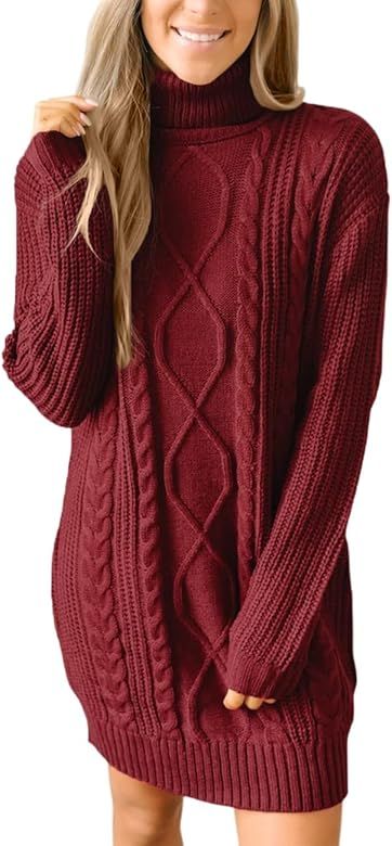 For G and PL Women Cable Knit Turtleneck Fashion Long Sleeve Midi Sweater Dresses | Amazon (US)