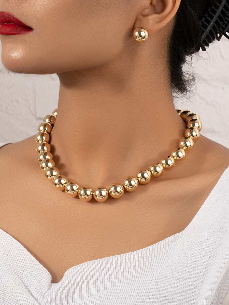 Minimalist Beaded Necklace & Stud Earrings | SHEIN