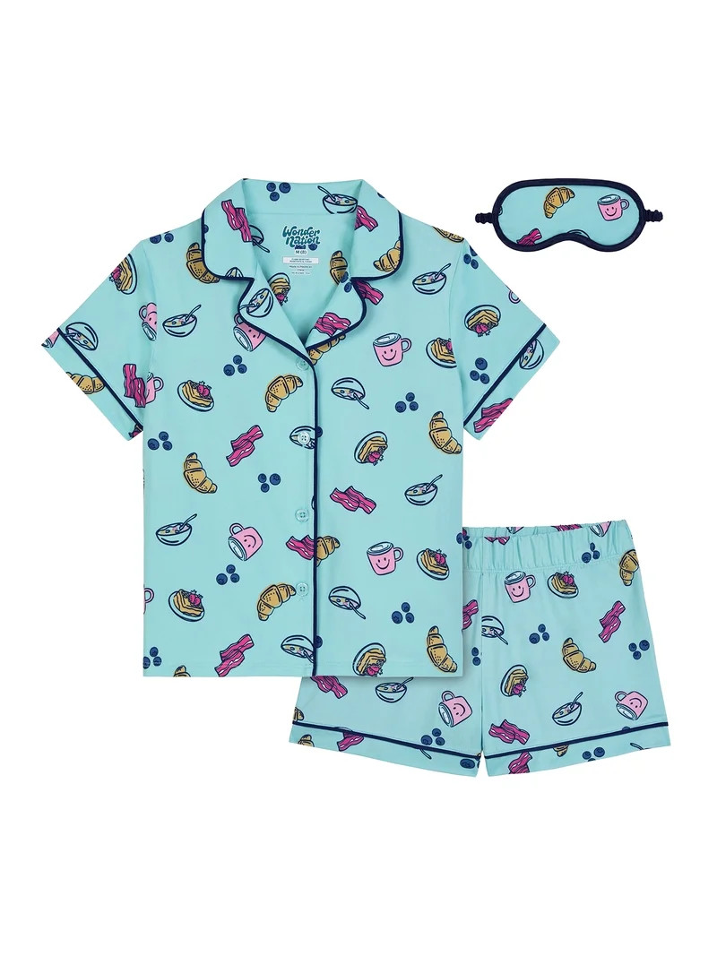 Wonder Nation Girls Short Sleeve Button Front Pajama Top and Shorts Set with Eyemask, 3-Piece, Si... | Walmart (US)