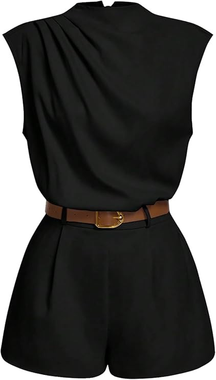SOLY HUX Women's Summer Ruched Mock Neck Romper Elegant Cap Sleeve Belted Work Short Jumpsuits | Amazon (US)