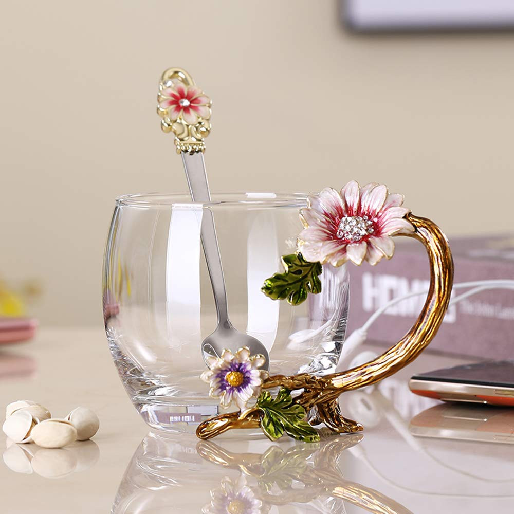 Enamel Sunflower Crystal Lead-Free Glass Tea Cup with Spoon Set, Present for The Christmas, Valen... | Amazon (UK)