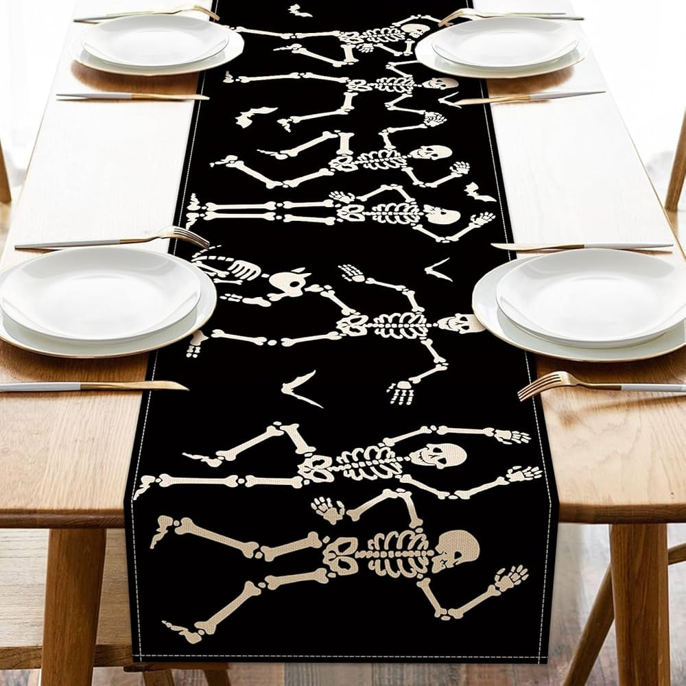 Halloween Gothic Skeleton Black Table Runner, Spooky Bat Kitchen Dining Table Decoration, Funny H... | Amazon (US)