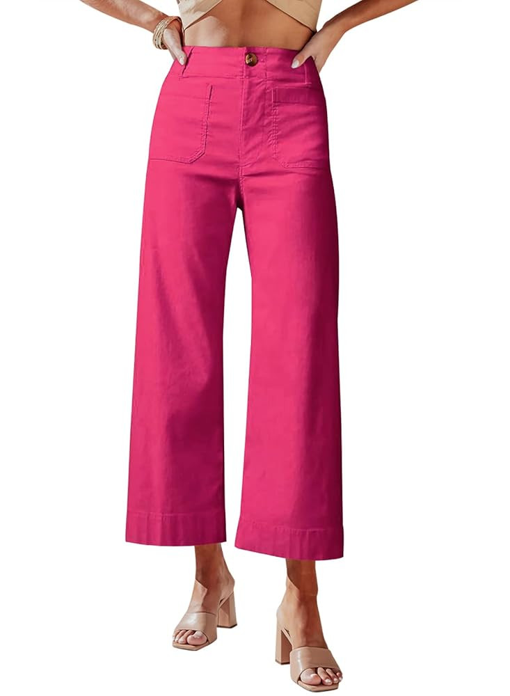 miduo Womens High Waisted Cropped Wide Leg Stretchy Straight Pants Trousers with Pockets | Amazon (US)