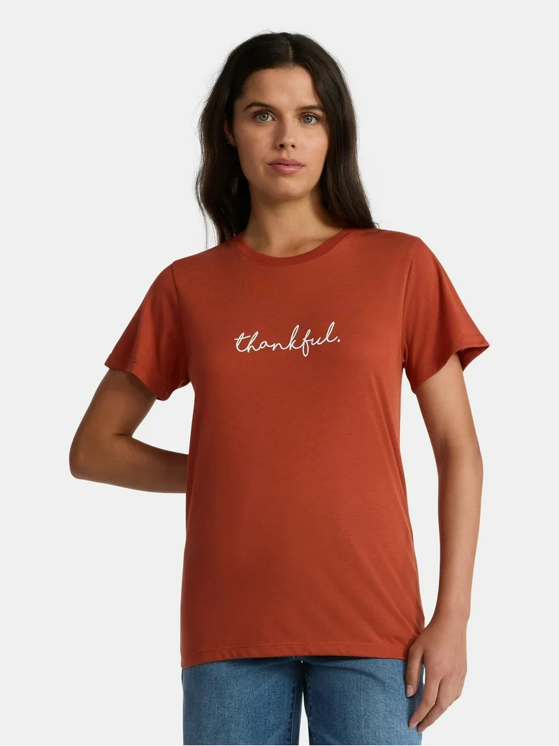 Positivitees Women's Petite Thankful Graphic Seasonal Fall Tee, Sizes S-XXXL | Walmart (US)