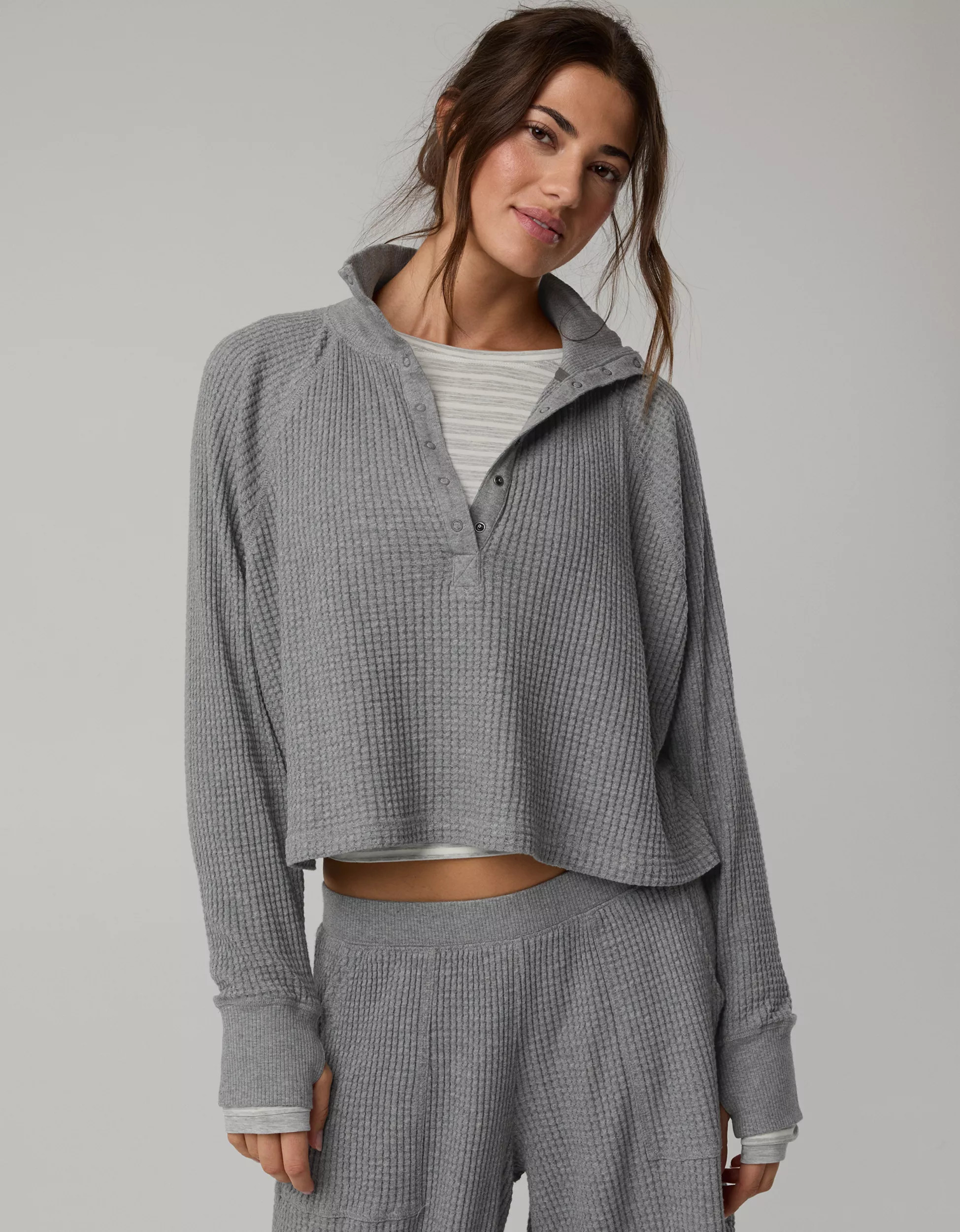 OFFLINE By Aerie Wow! Waffle Mockneck Henley Long Sleeve T-Shirt | American Eagle Outfitters (US & CA)