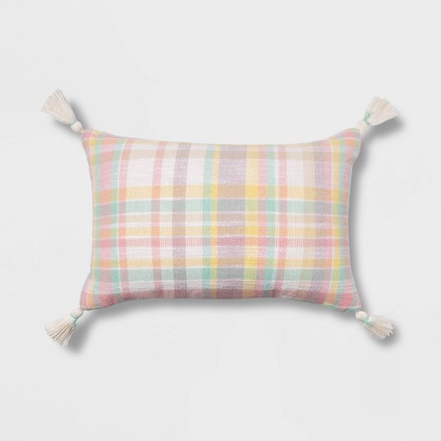 Easter Plaid Throw Pillow with Tassels Pink/Yellow - Spritz™ | Target