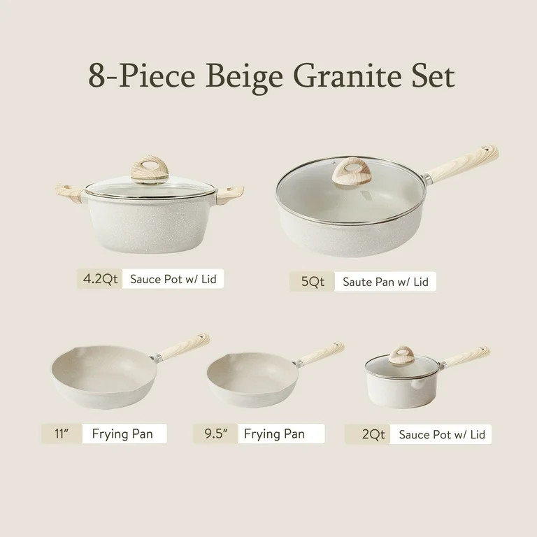 Carote Nonstick Pots and Pans Set, 8 Pcs Induction Kitchen Cookware Sets (Beige Granite) | Walmart (US)
