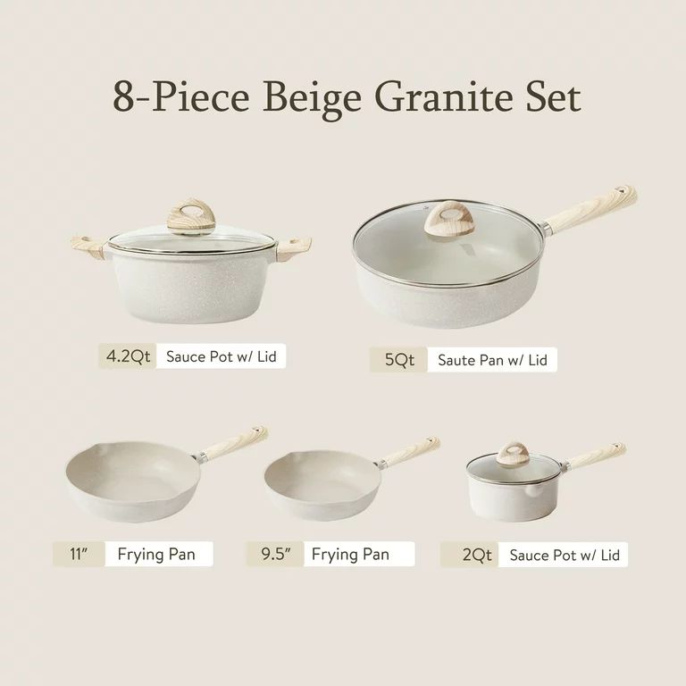Carote Nonstick Pots and Pans Set, 8 Pcs Induction Kitchen Cookware Sets (Beige Granite) | Walmart (US)