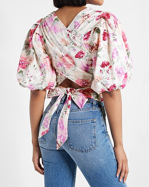 Floral Puff Sleeve Tie Back Top | Express