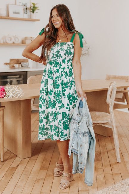 Tie Strap Smocked Green Floral Midi Dress | Magnolia Boutique