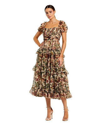 Mac Duggal Women's Chiffon Puff Sleeve A Line Midi Dress With Ruffles - Macy's | Macy's
