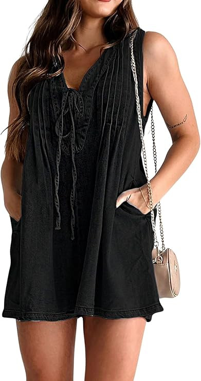 Womens Casual Sleeveless Tie Front Denim Romper Overall Shorts Summer Jean Romper With Pocket | Amazon (US)