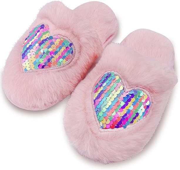 Girls Plush House Slippers Pink Reversible Sequin Slippers Soft Plush Cozy Fur Slippers Brillianc... | Amazon (US)