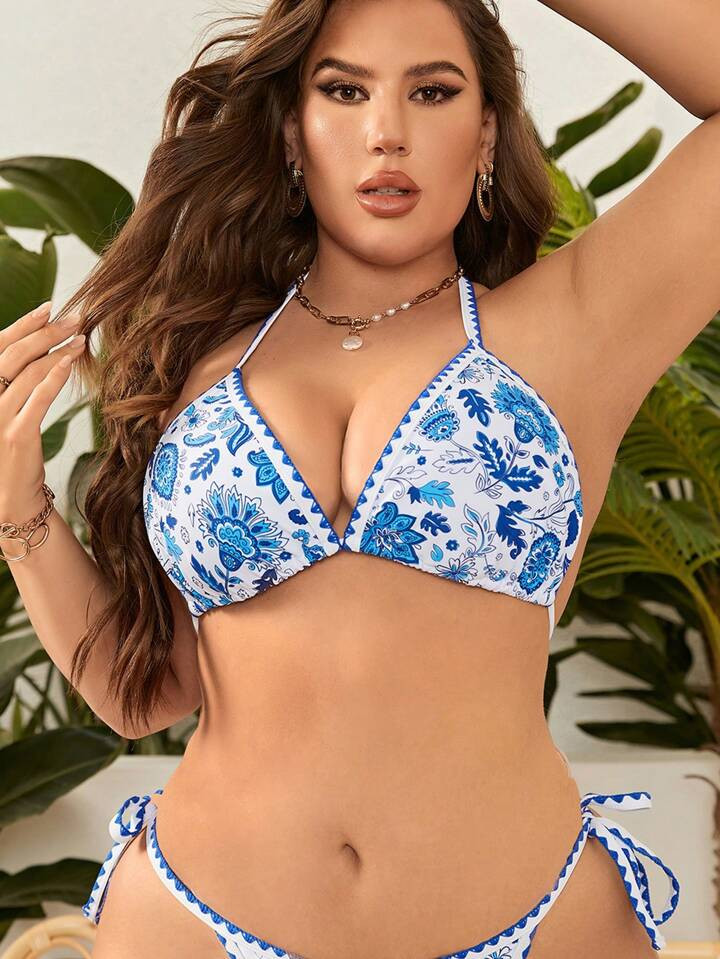 SHEIN Swim Curve Summer Beach Plus Floral Print Whip Stitch Halter Triangle Bikini Top | SHEIN
