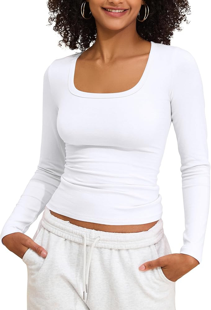 PrettyGuide Womens Cotton Square Neck Tops Slim Fit Long Sleeve Going Out Tops Fall Spring Casual... | Amazon (US)