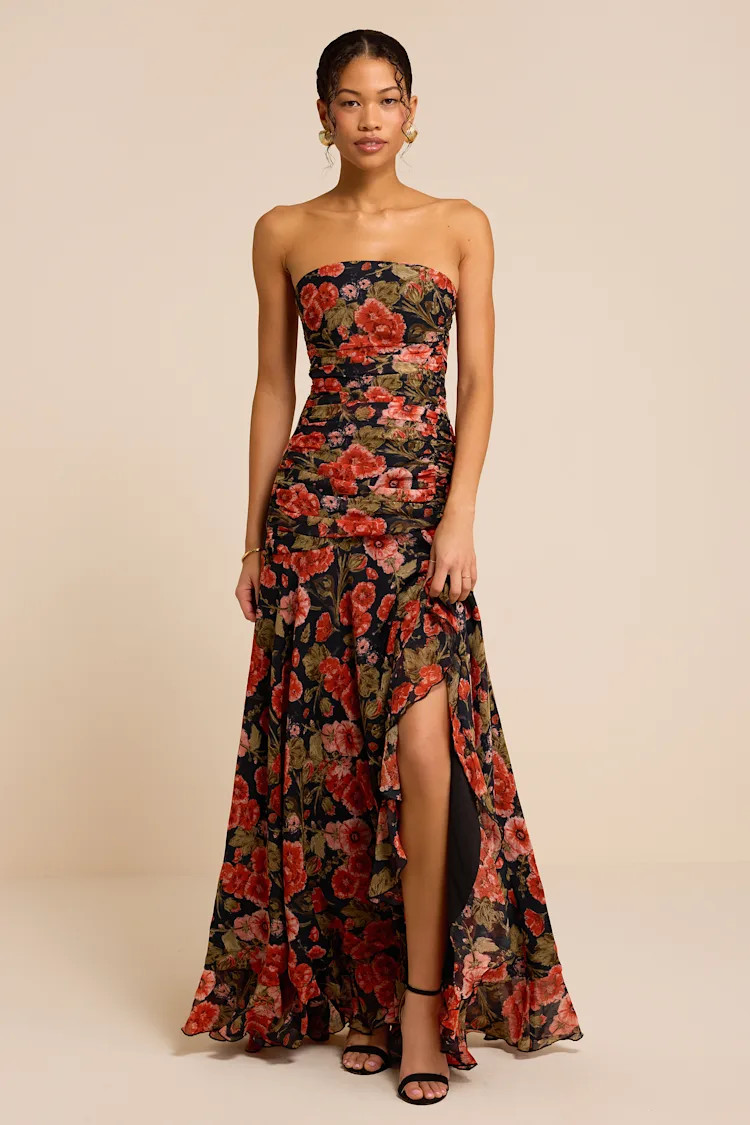 Zuri Black Floral Strapless Maxi Dress | Lulus