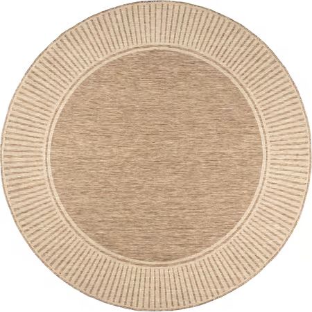 Light Brown Striped Border Indoor/Outdoor Flatweave 6' 7" Round Area Rug | Rugs USA