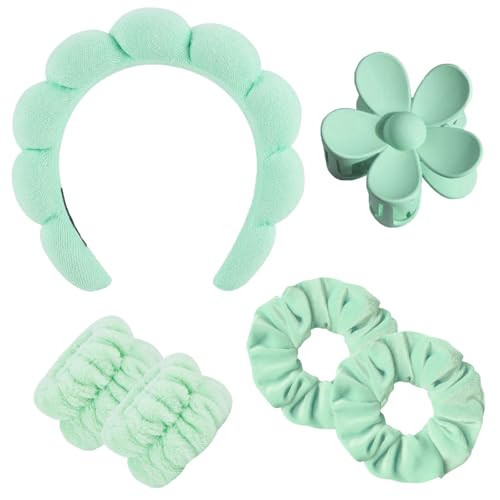 BluOcnMkt 6PCS Spa Headbands for Women Green Skincare Makeup Sponge Headband Set, Large Flower Hair Clip, Elastic Hair | Amazon (US)