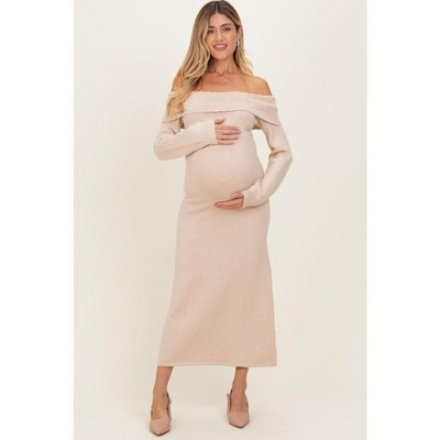Pinkblush Beige Faux Pearl Detail Off Shoulder Maternity Sweater Dress Small | Target