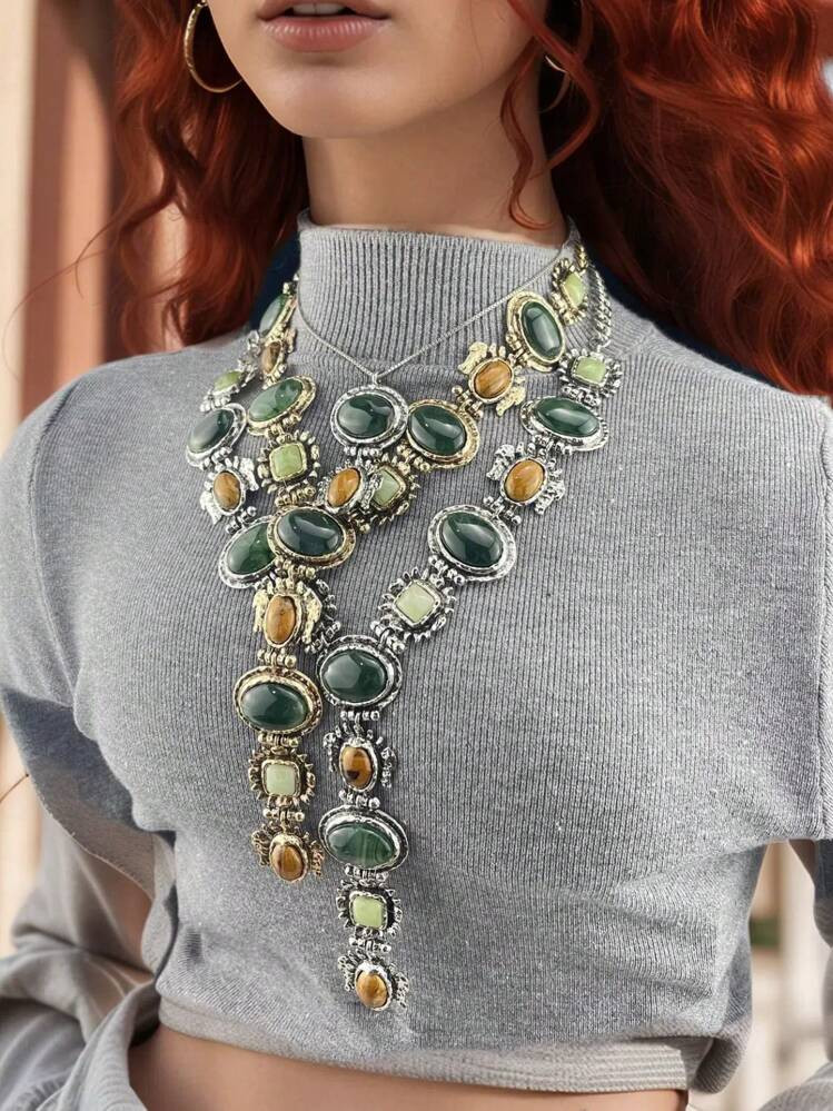 NewTrends1pc Fashionable Vintage Distressed Western Style Metal Necklace With Asymmetrical Colorf... | SHEIN